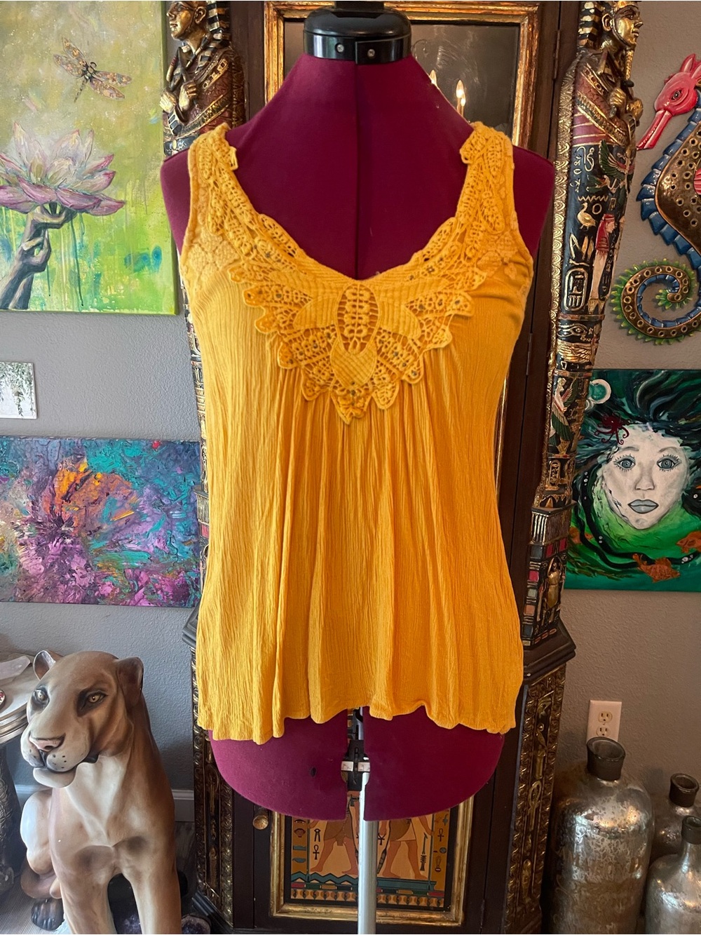 Knox Rose Mustard Yellow Crochet-Trim Sleeveless Camisole